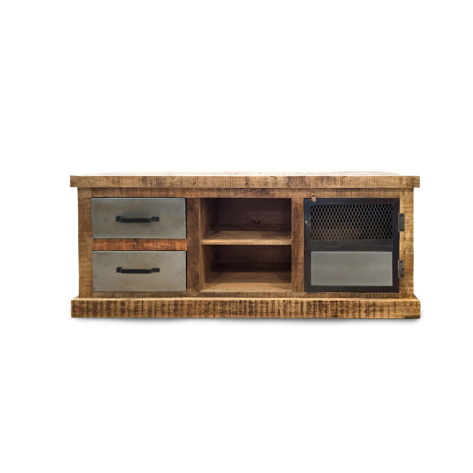 Solid wood & metal industrial tv unit with antique finish