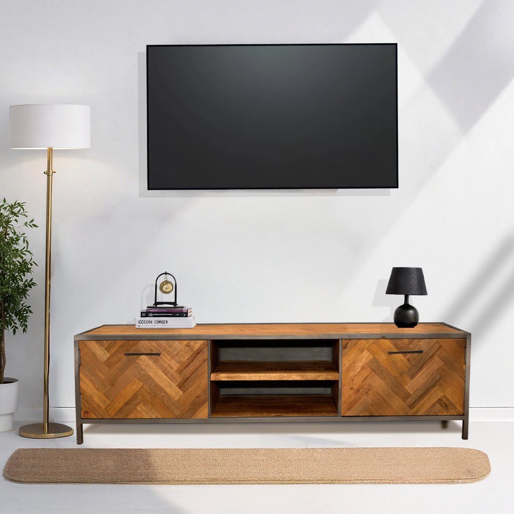 Chevron design TV console table with Orignal wood finish
