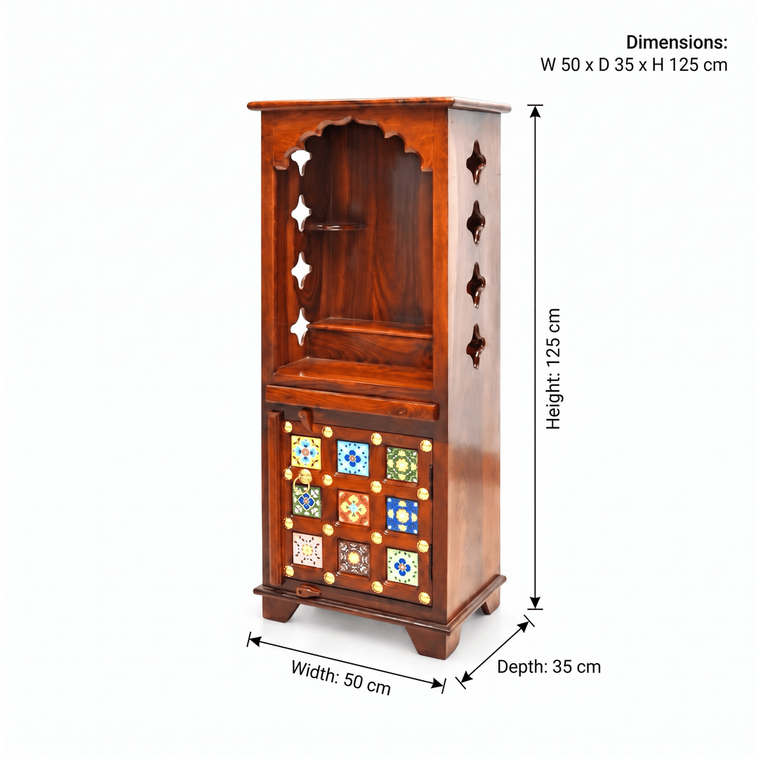 Tall and slim mango wood mandir with cupboard for home