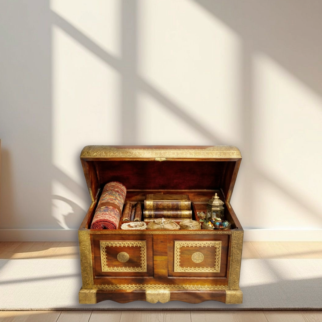 Handmade mango wood storage sandook Dubai, Brass fitted wooden storage chest Abu Dhabi, Rajasthan handcrafted mango wood trunk Oman,