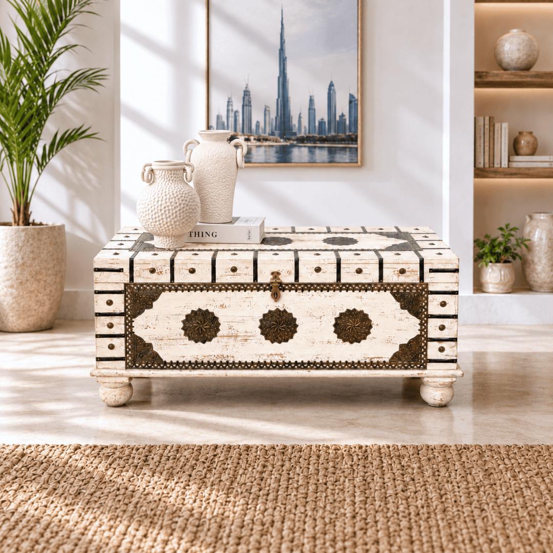 Indian Heritage Mango Wood Chest with White Rustic Finish
