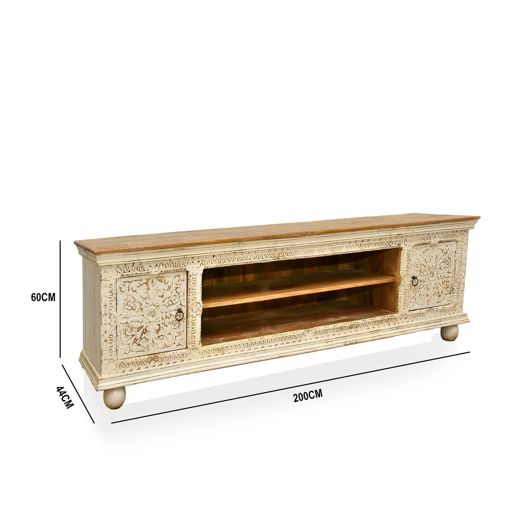 Low carved wooden TV console table with rustic white finish