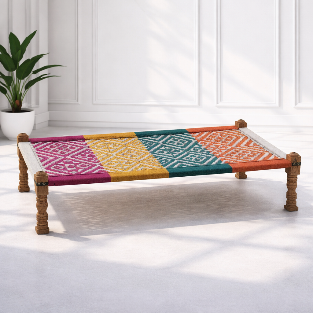 Rustic rope design,  Artisan crafted khaat, Majlis rope bed, Café décor charpai, Terrace lounge bed, Desert camp furniture,