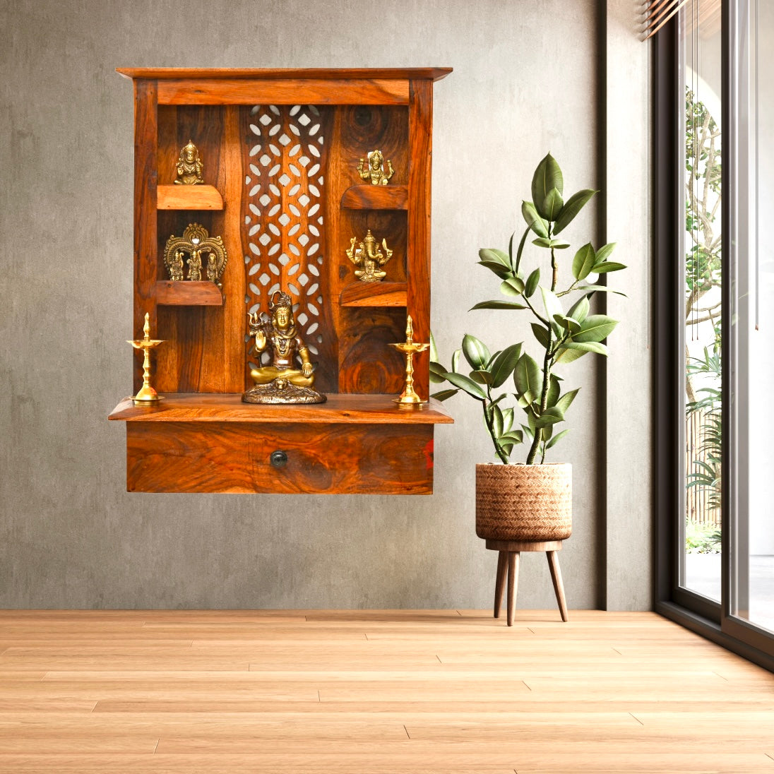 Wall hanging Pooja Mandir with natural wood finish