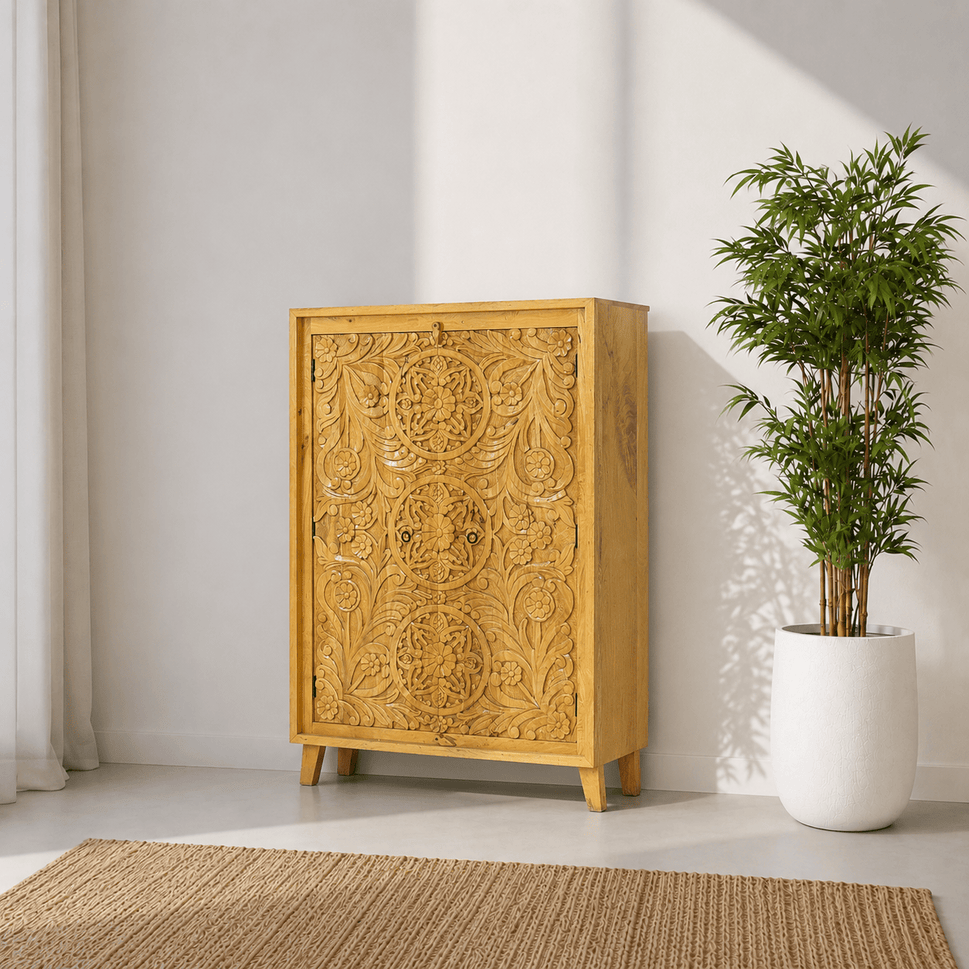 Elegant Hand Carved Mango Wood Accent Cabinet with natural wood finish