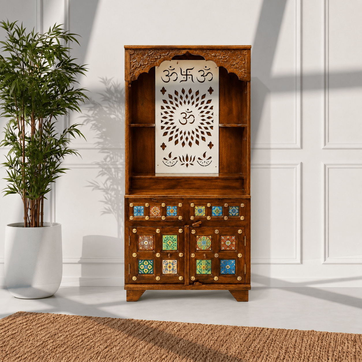 elegant wooden worship cabinet with decorative ceramic tiles, heritage wooden mandapam with handcrafted tile inlay, traditional indian wooden temple cabinet for home, 
