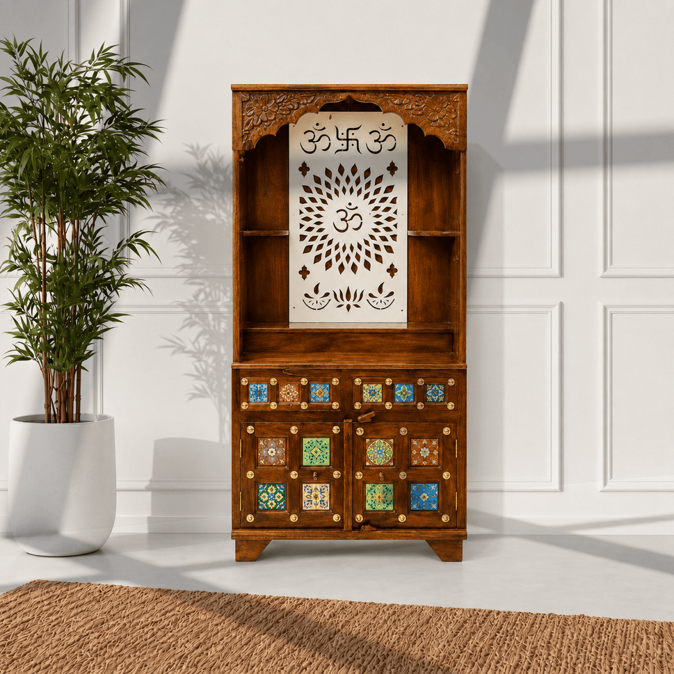 Indian Handmade Wooden Mandir with Om Decorative Panel