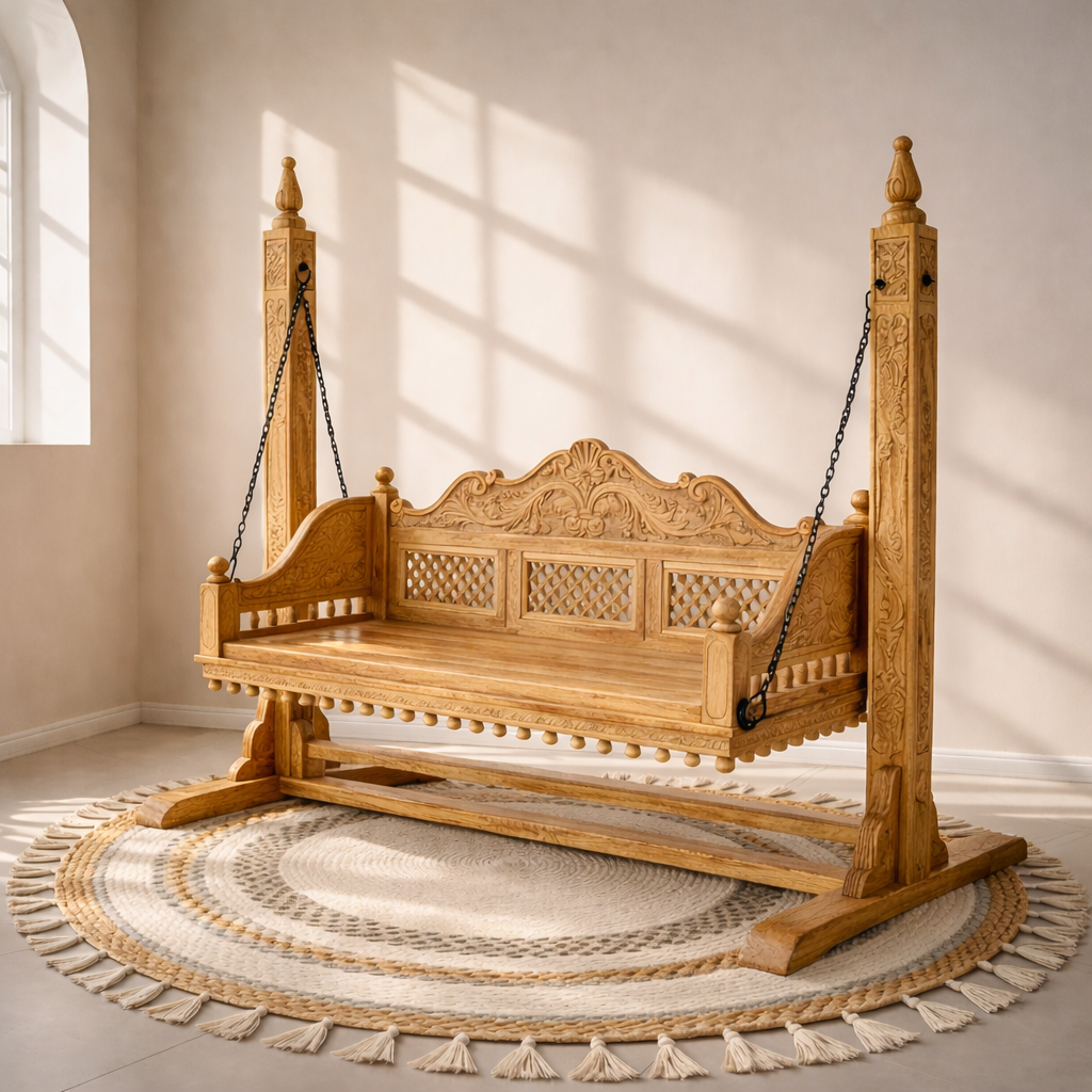 Hand cut work swing Dubai
Wooden swing sofa UAE
Natural wood swing with wooden stand Sharjah