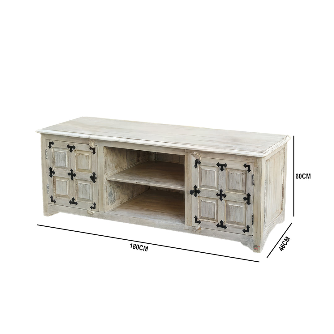 Solid Natural Wood vintage TV Stand White Finish | Dubai Sharjah UAE