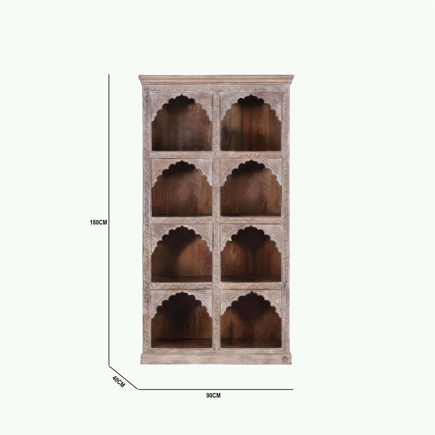 Mango wood hand carved bookcase with cream finish