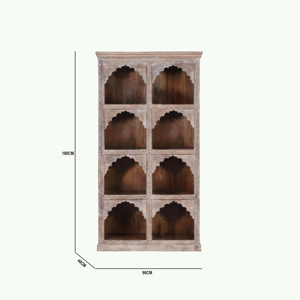 Mango wood hand carved bookcase with cream finish
