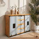 Switch Handmade Indian Wood Credenza, Luxury Console Table in Solid Wood, Premium Mango Wood Console Table, Handmade Hardwood Console Table, Stylish Natural Wood Console with sliding doors, Vintage Wooden Console Table with 2 sliding doors &amp; 4 drawers,  2 image