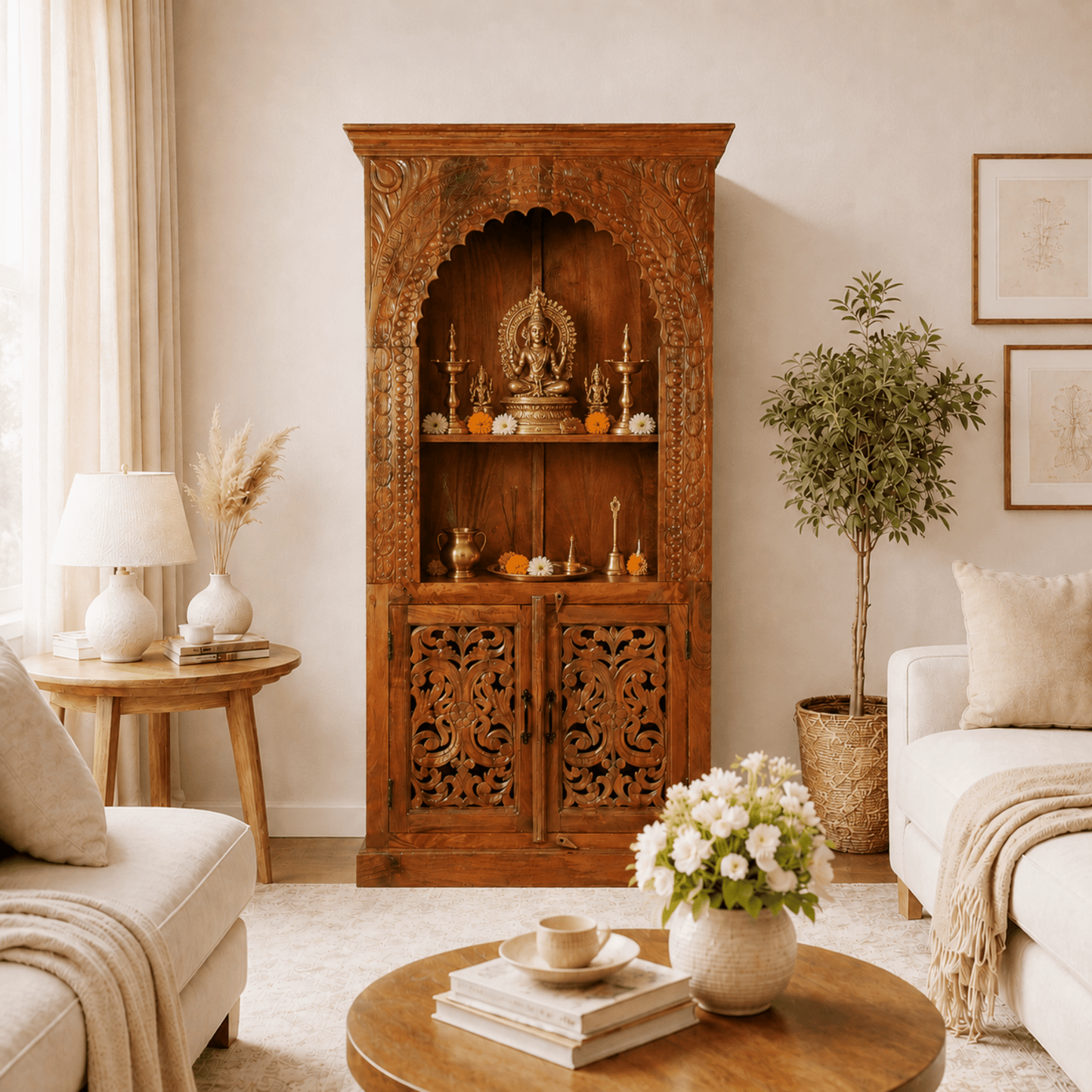 Wooden Temple With Storage, Mandir With Storage Drawers, Wooden Shrine Cabinet India, Luxury Hindu Home Temple, Decorative Wooden Pooja Ghar, Royal Wooden Mandir Cabinet, 