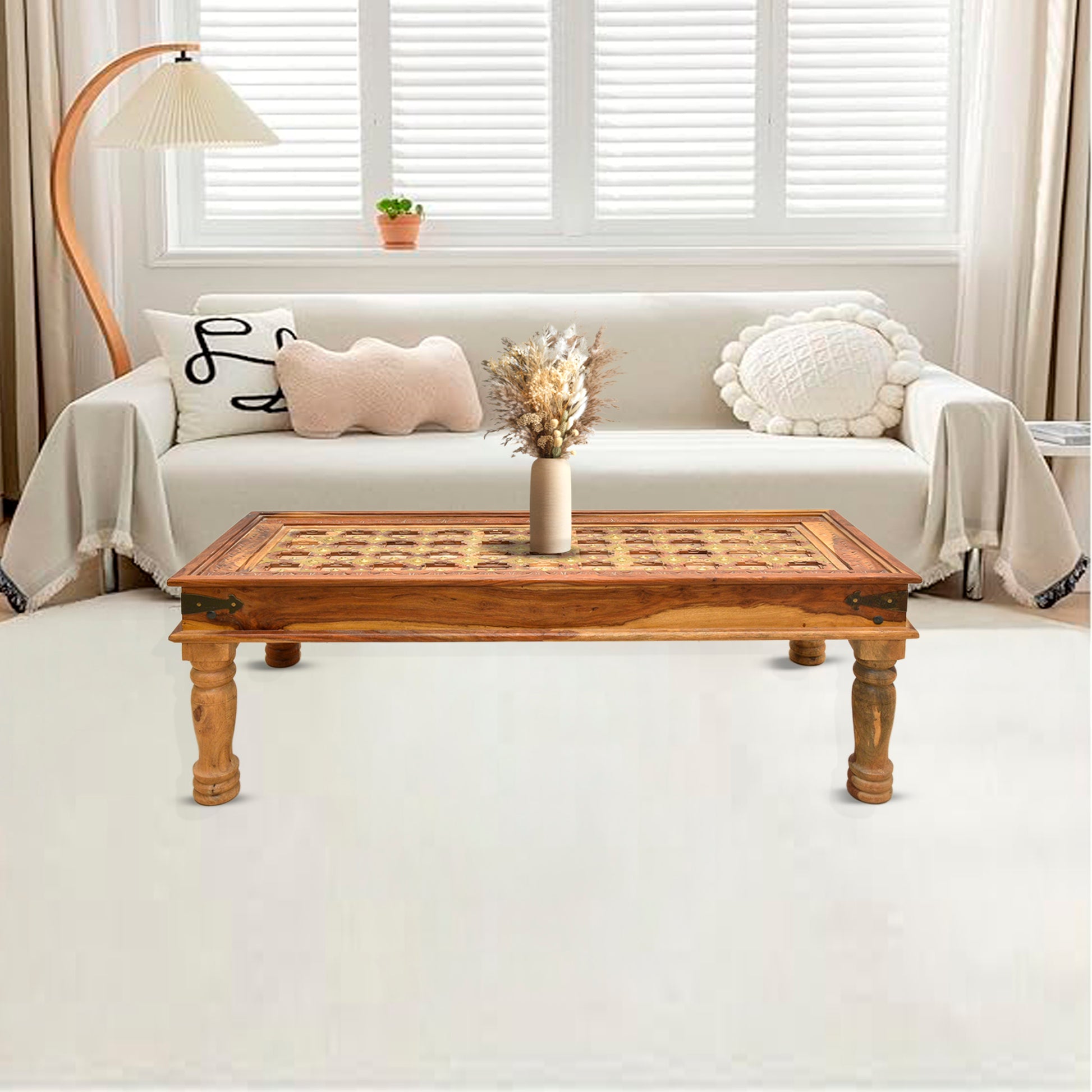 Indian Solid Wood Coffee Table with Hand Carving