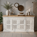 Switch white rustic finish hand carved cabinet Oman, hand carved cabinet Qatar, Mango wood cabinet, Solid wood side cabinet,Hardwood buffet table, dining room hand made buffet storage table UAE, 1 image