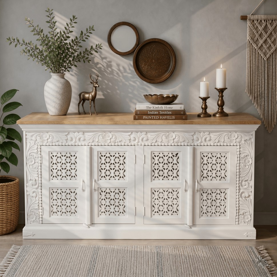 Solid mango wood hand carved 4 doors sideboard cabinet - rustic store console