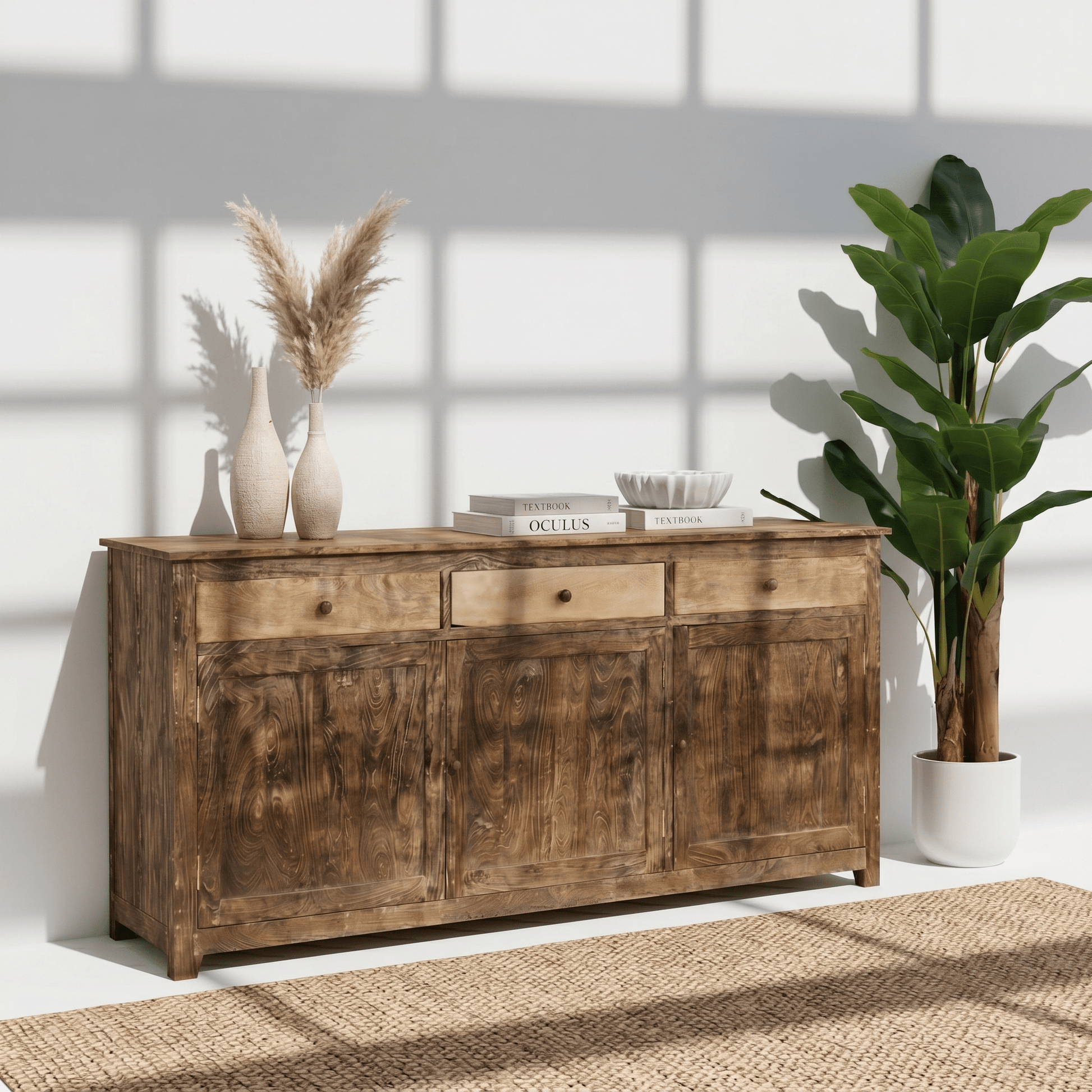 Rustic heritage solid wood side cabinet with 3 drawer & with 3 doors