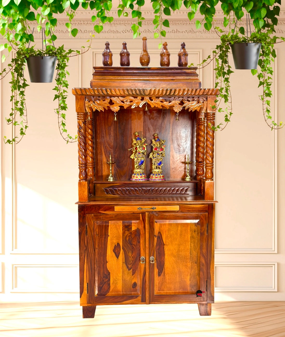 Large Wooden Home Mandir Temple with Storage Cabinet – Handcrafted Pooja Unit