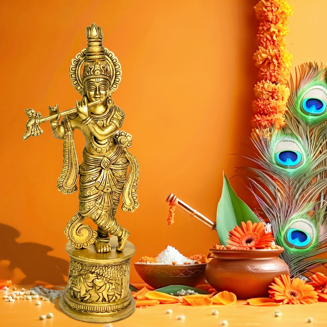 Divine Brass Krishna Flute Statue – Intricate Handmade Carving