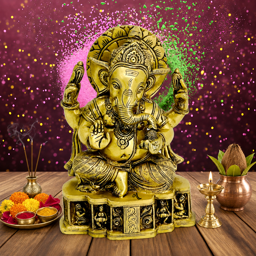 Brass Sitting Ganesha With Golden Brass With Super Fine Hand Work 9.5 Inches Tall