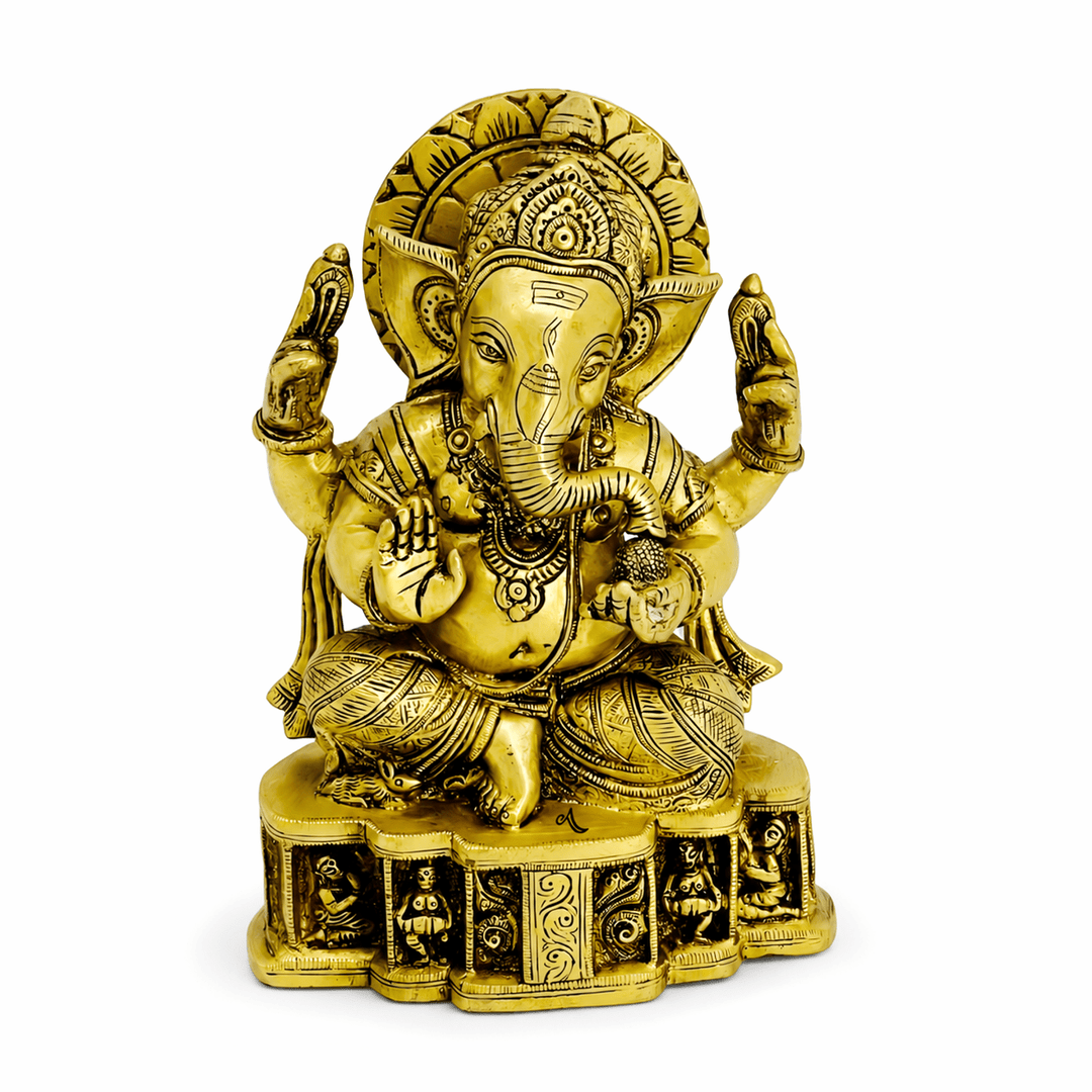Brass Sitting Ganesha With Golden Brass With Super Fine Hand Work 9.5 Inches Tall