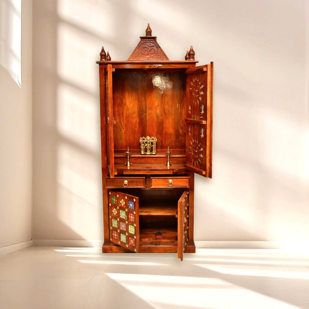 Solid Mango Wood Pooja Temple with Hand Carved Design | UAE