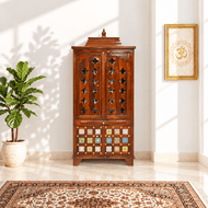 Traditional sheesham wood home mandir with drawer and storage box