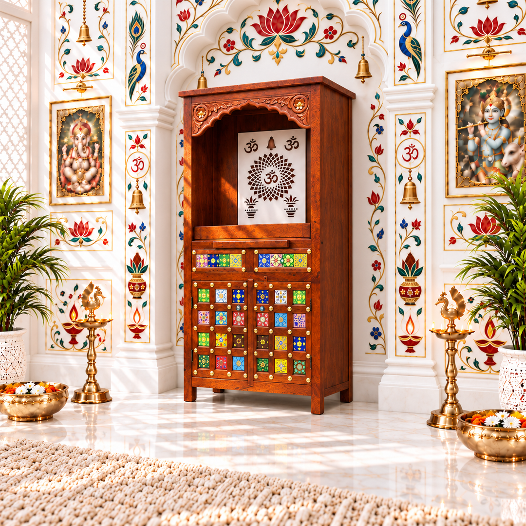 Mango Wood Pooja Mandapam with Om Design and Drawer