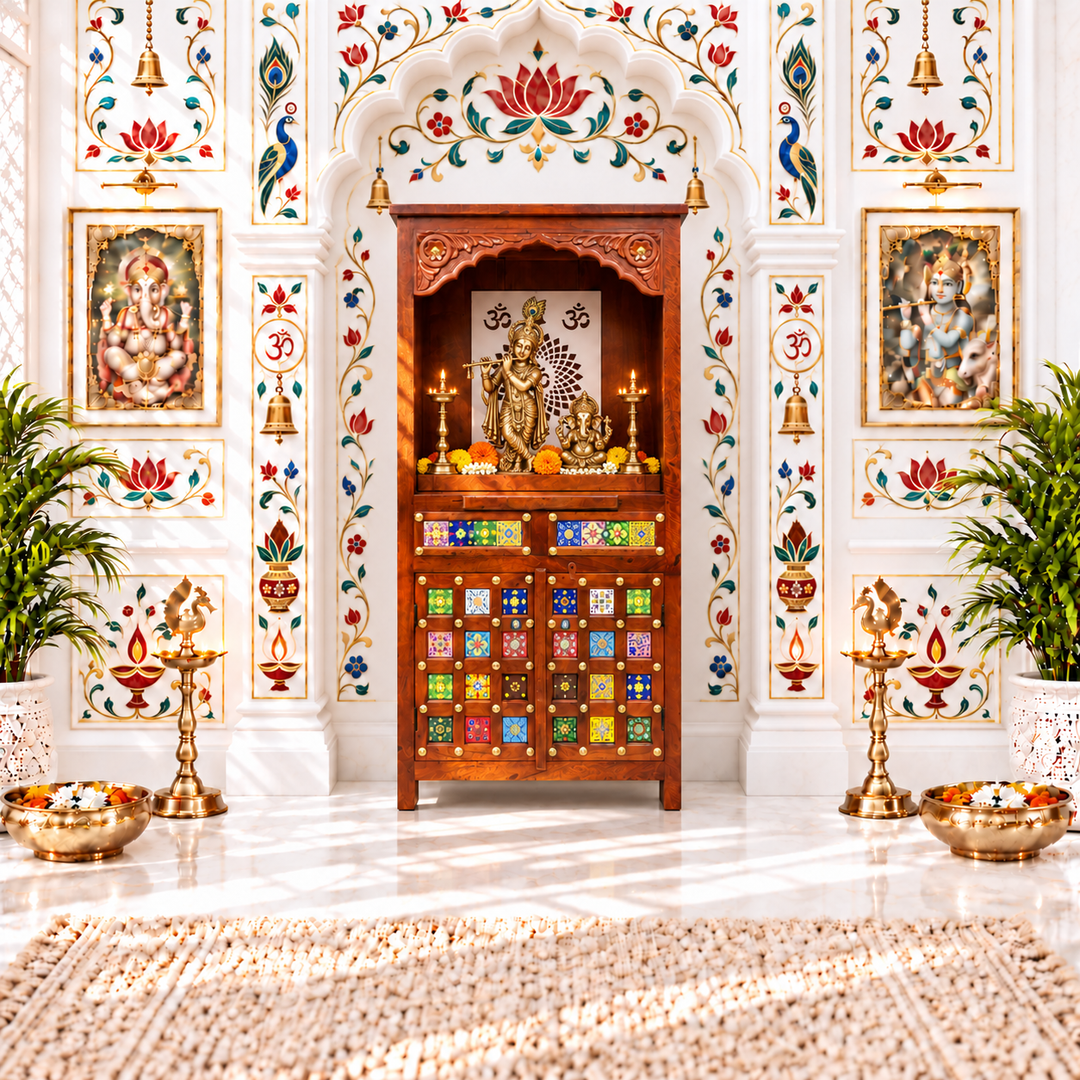 Mango Wood Pooja Mandapam with Om Design and Drawer