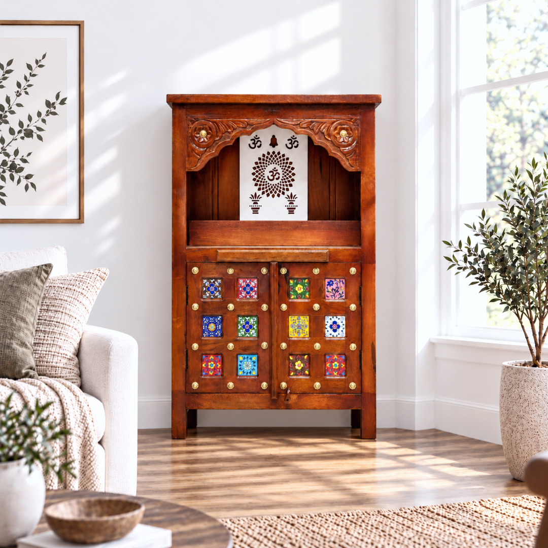 Mango Wood Pooja Mandapam with Om Design and Drawer
