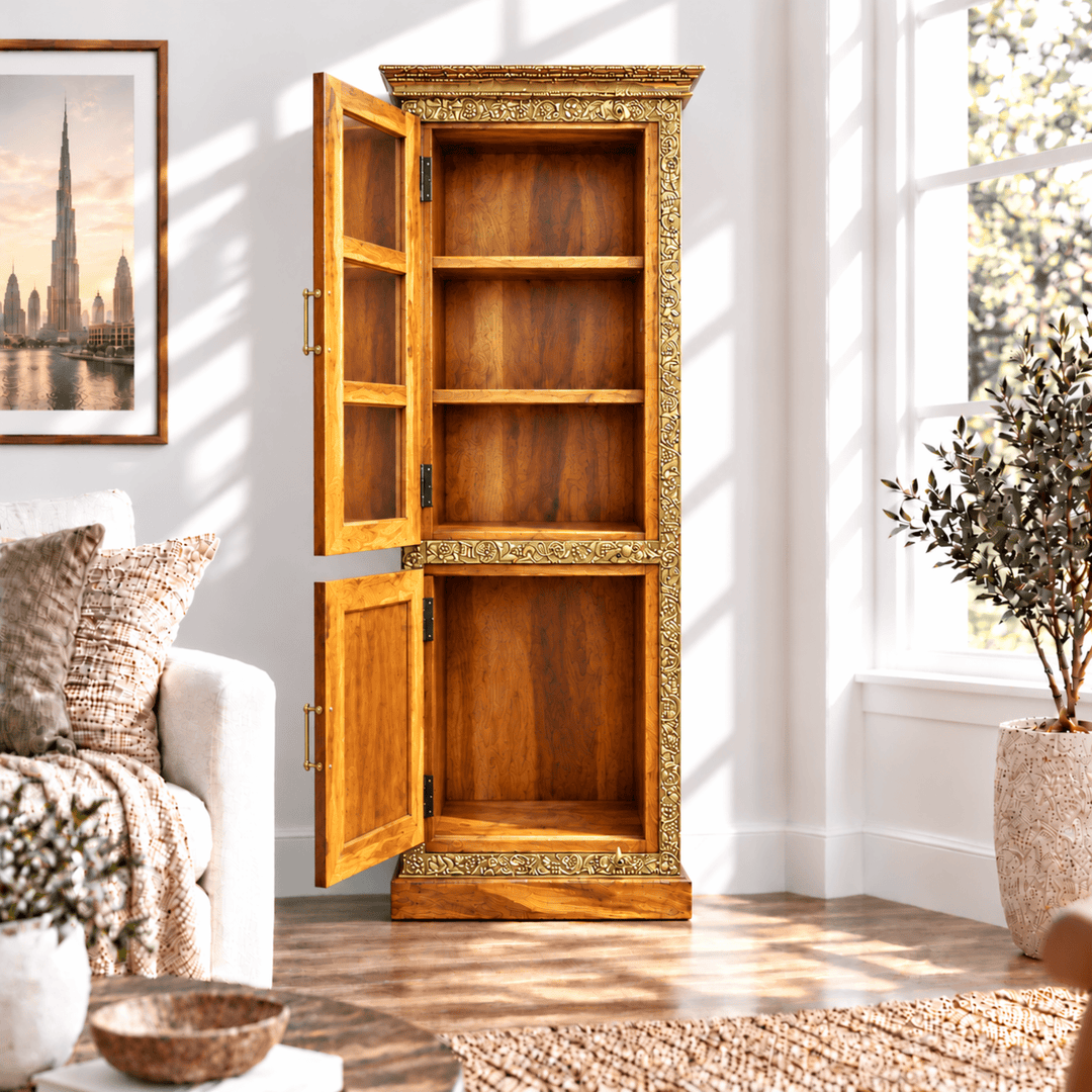 Handcrafted Teak wood Cabinet With Glass Brass