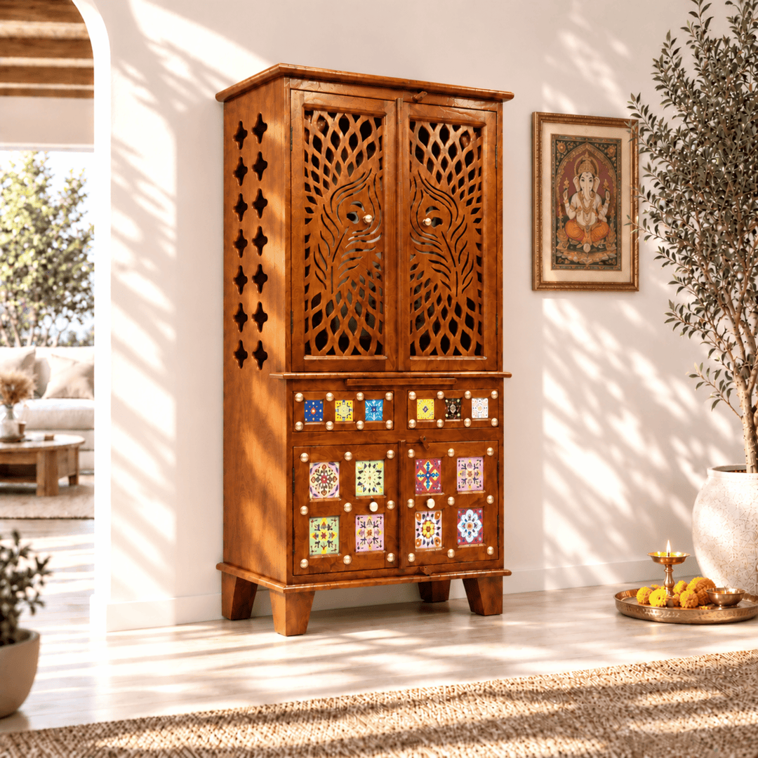 Handcrafted Mango Wood Home Temple with Carved Peacock Doors