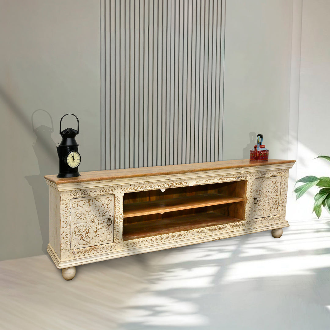 Low carved wooden TV console table with rustic white finish