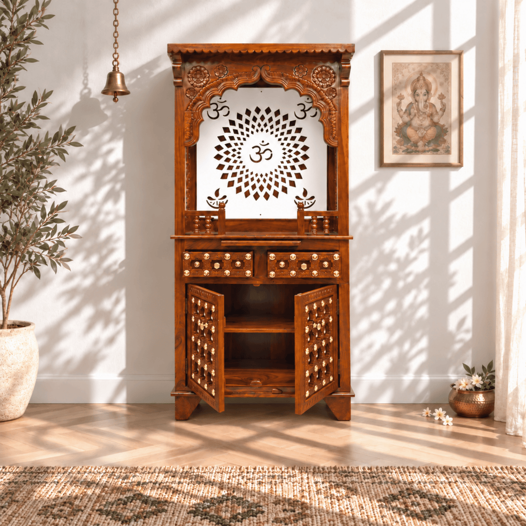 South Indian Classic Mango Wood Home Mandir with Brass Inlay Work