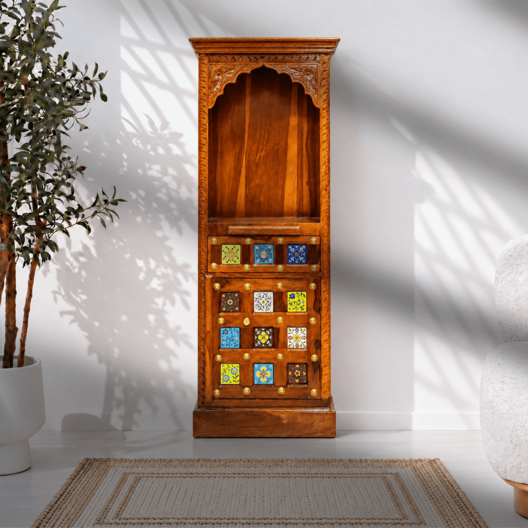 Narrow Solid Rosewood Pooja Mandir with Tile Work and Storage Cupboard