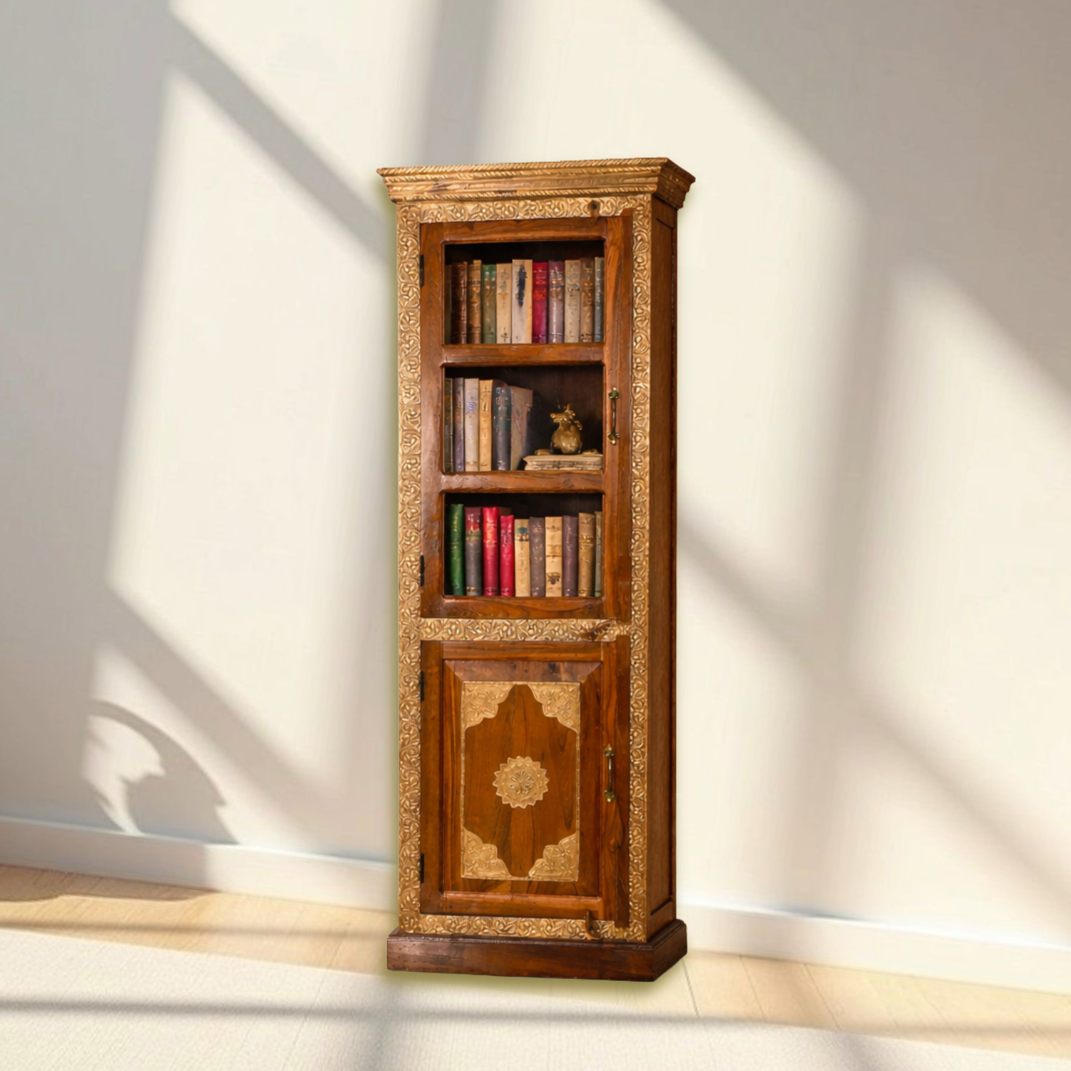 Handcrafted Wooden & Glass Display Cabinet with Brass Work | UAE