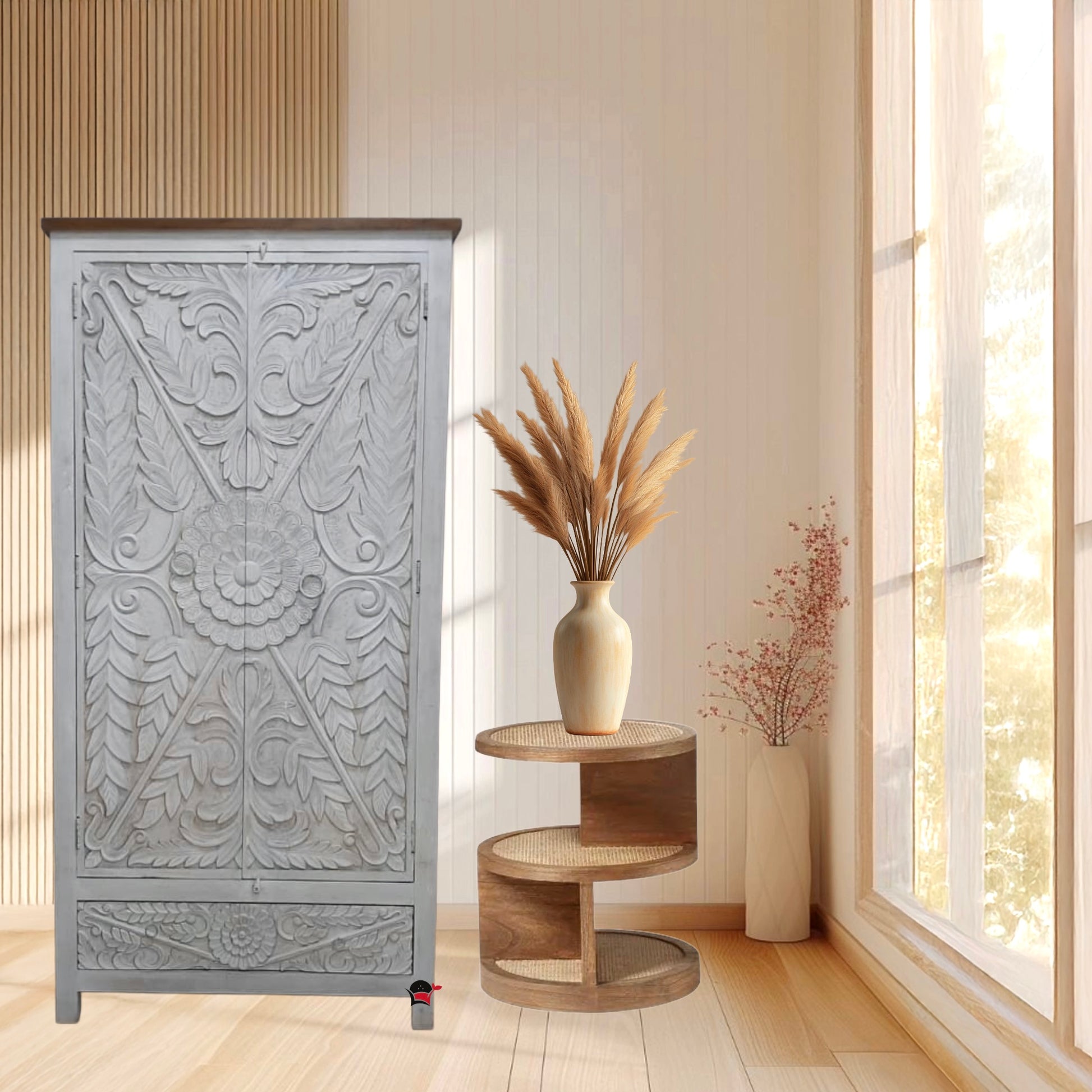 Solid wood ook shelf and glass cabinet with white finish