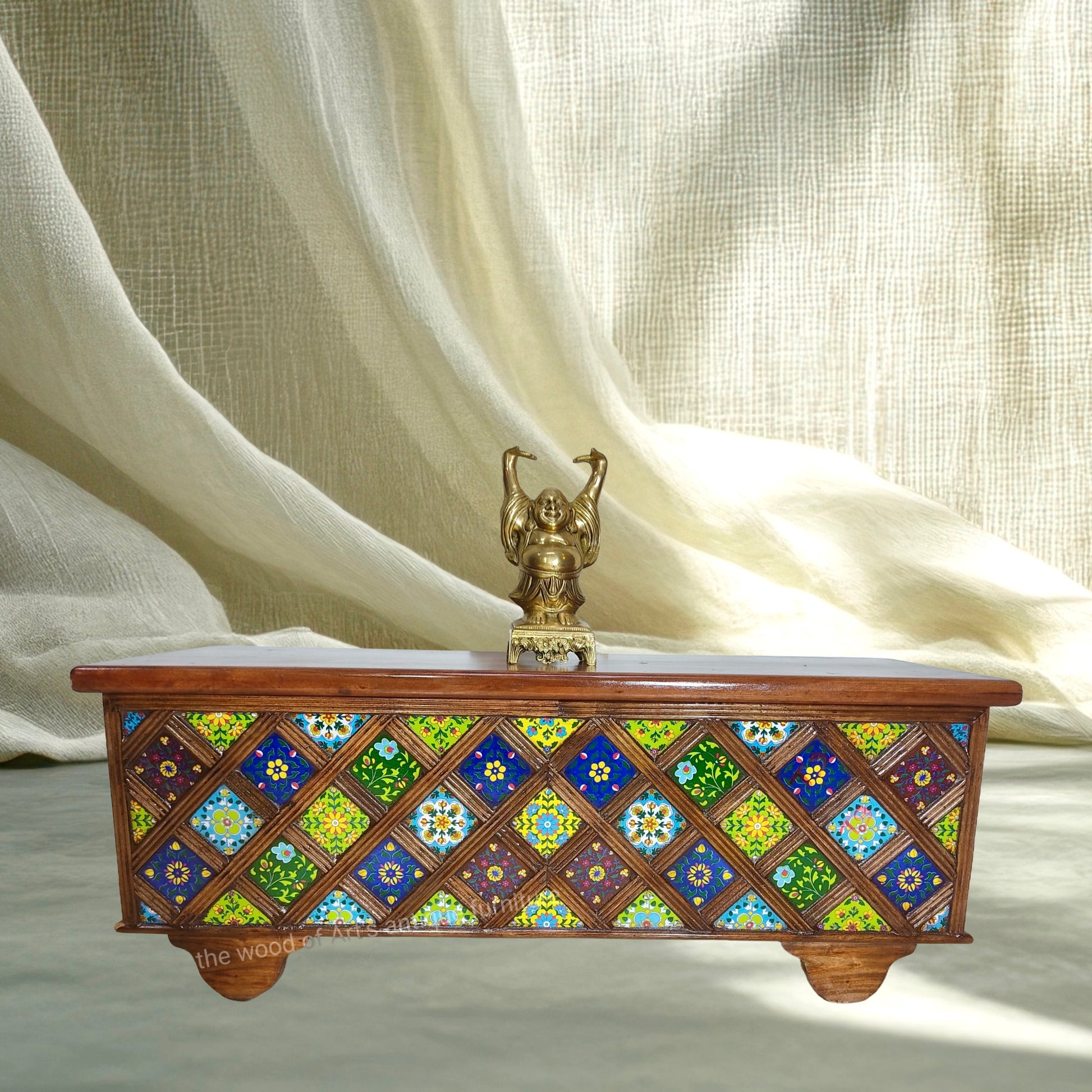 Wooden trunk with storage box with tiles work