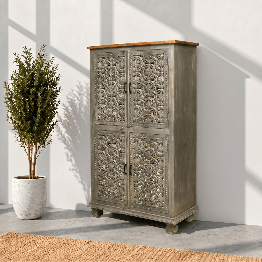 Premium Hand Cut Work hardwood storage Cabinet with antique finish