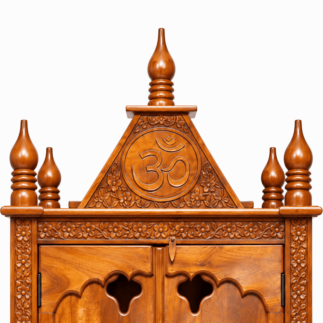 Luxury Wooden Home Temple with Ganesha Carved Storage Doors
