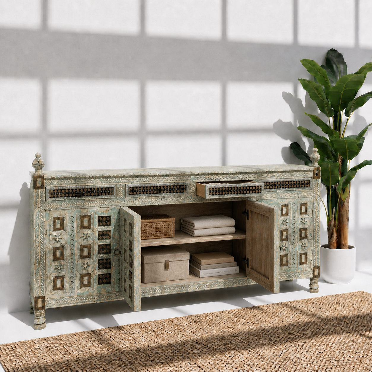 Classic antique finish solid wood ornate side buffet table with 4 doors and 4 drawer
