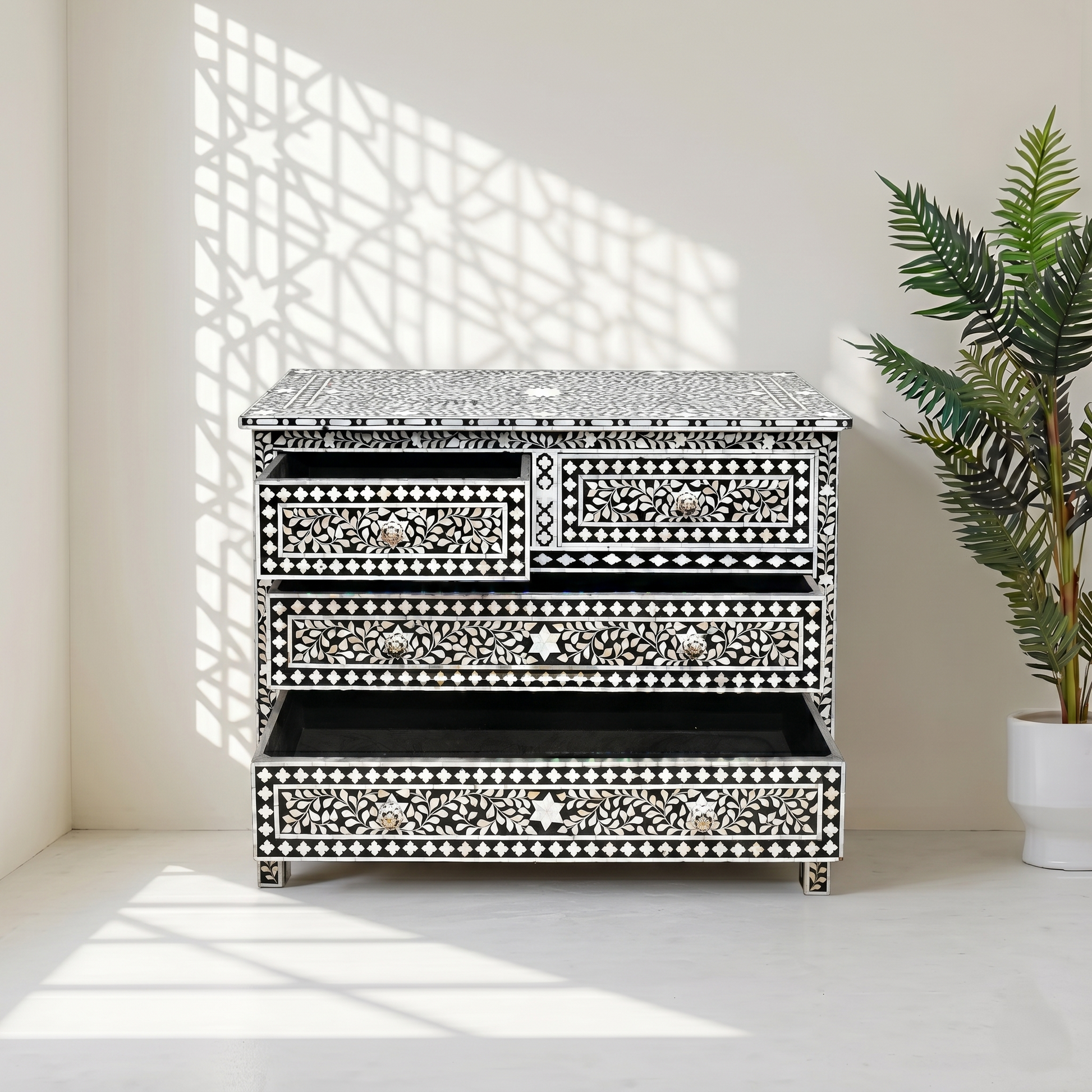 Boho chic black & white yasmine dresser, bone inlay chest