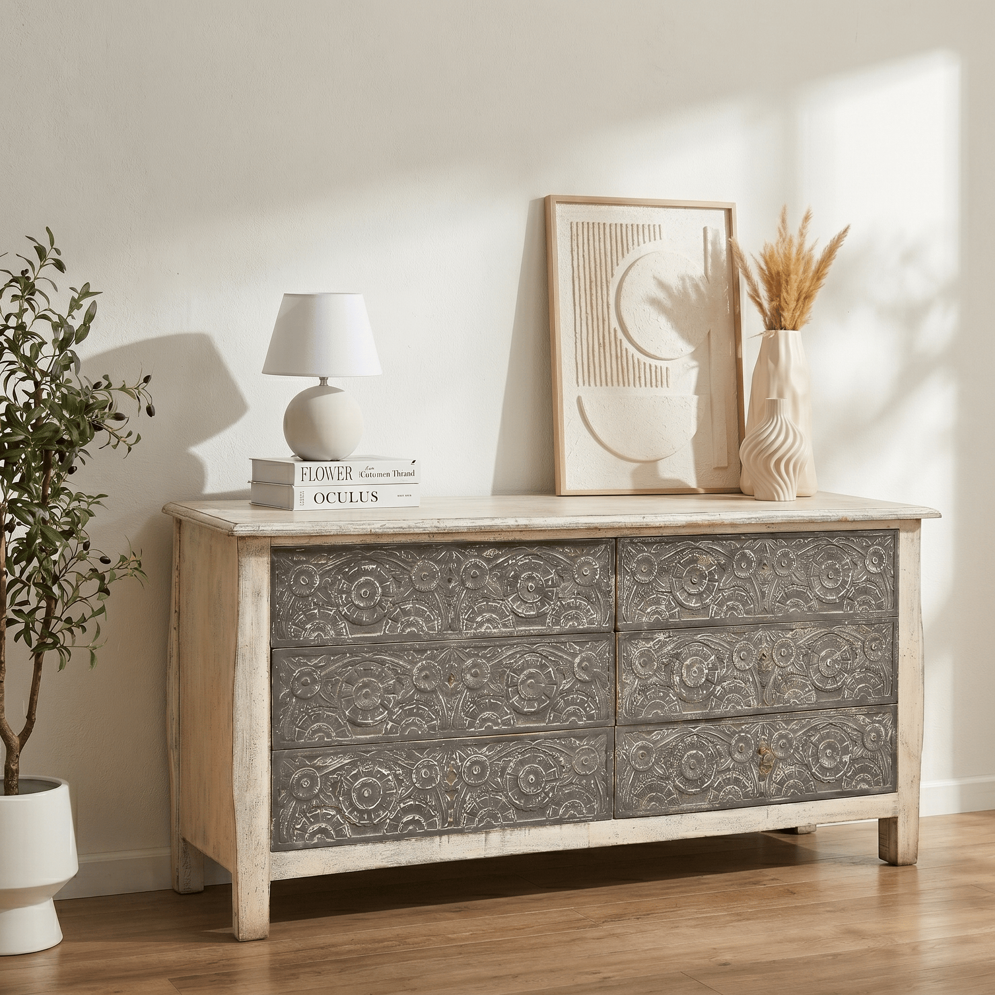 Siena Heritage hand carved chest of drawers with storage with rustic finish