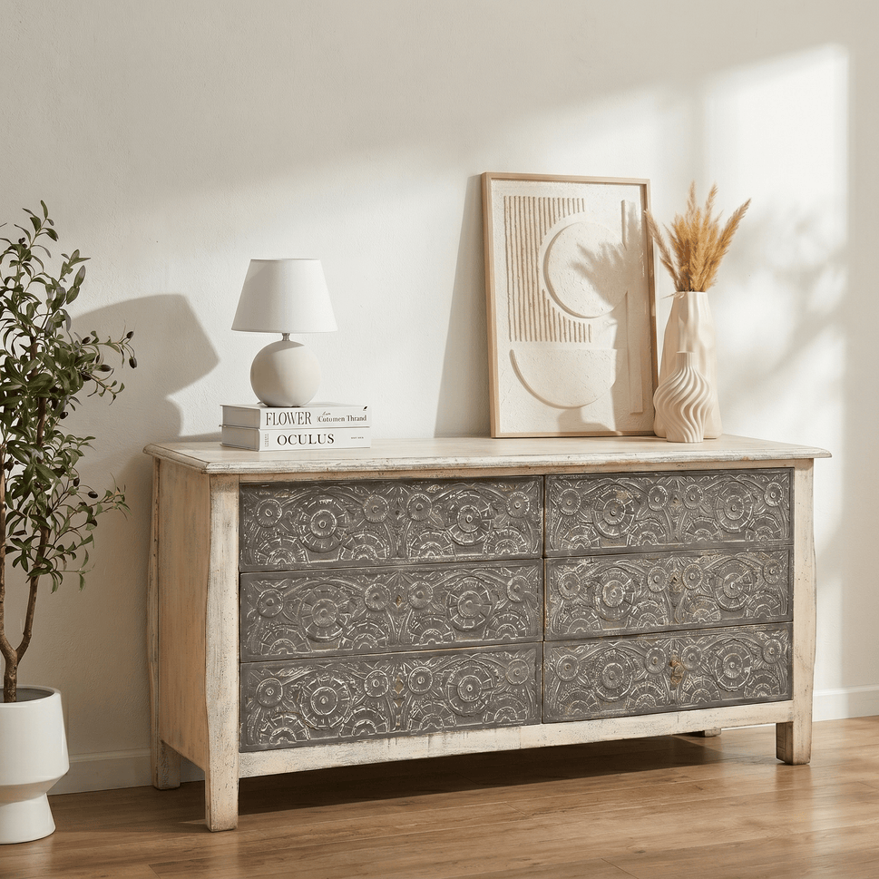 Siena Heritage hand carved chest of drawers with storage with rustic finish