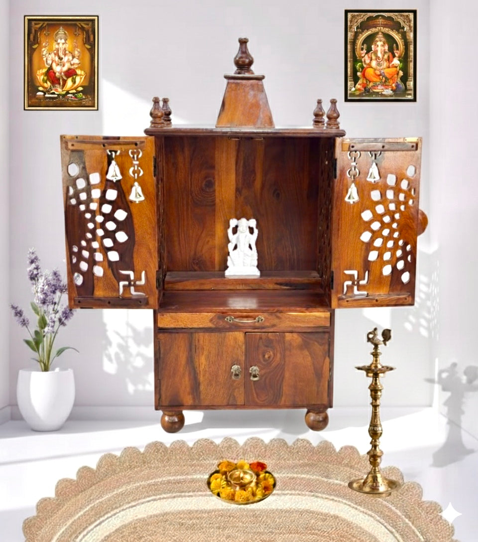 Wooden pooja home temple with door & storage box