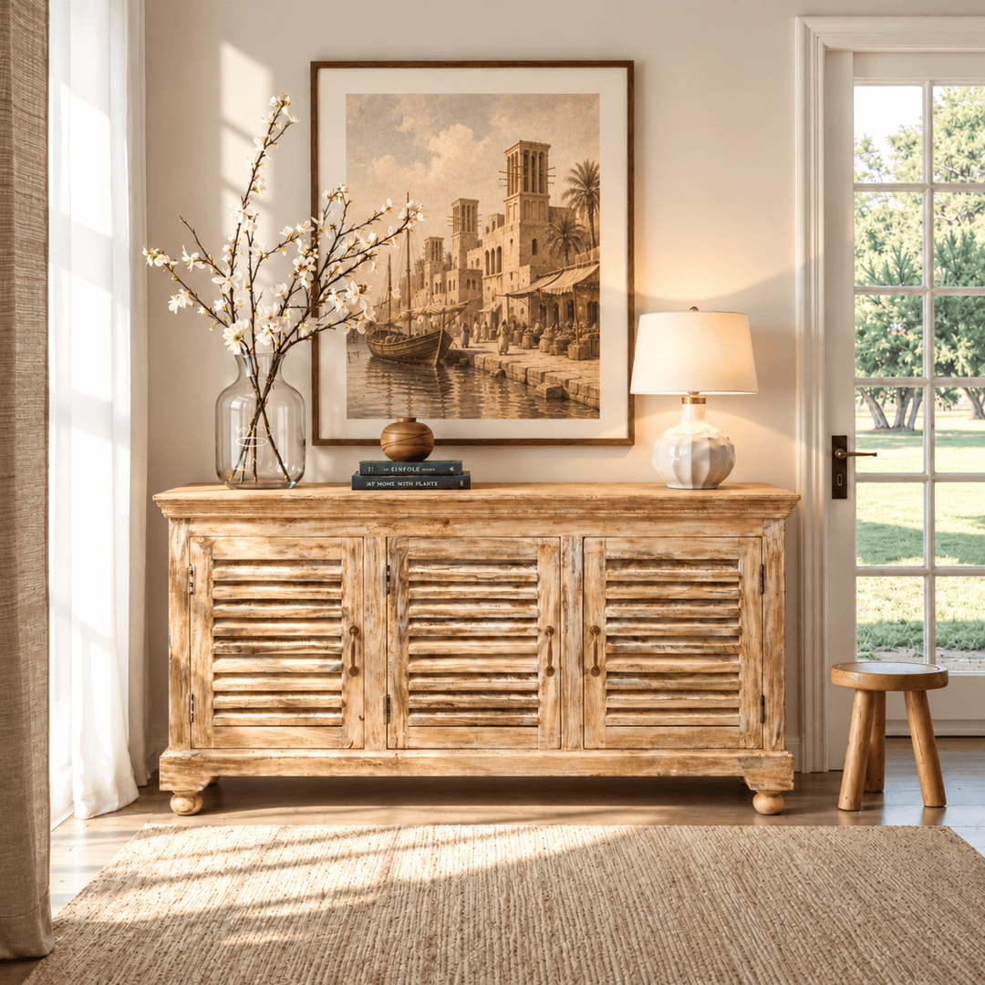 Farmhouse solid wood sideboard cabinet with louvered doors - rustic buffet console