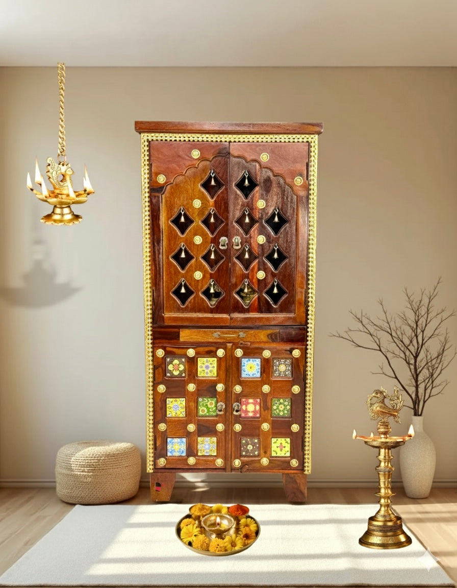 Wooden pooja temple with Doors & Drawers with tiles work