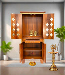 Switch Wooden pooja temple with Doors &amp; Drawers with tiles work 3 image