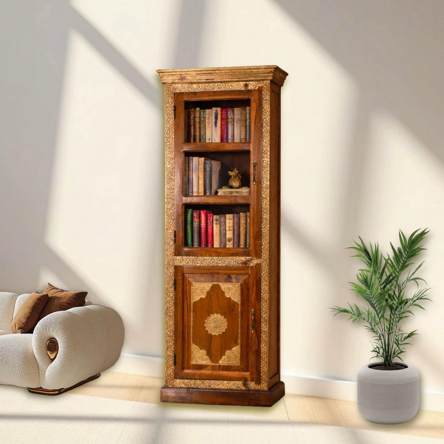 Wooden bookshelf with hand made UAE
solid wood cabinet with brass work Oman
Hardwood bboshelf Qtar