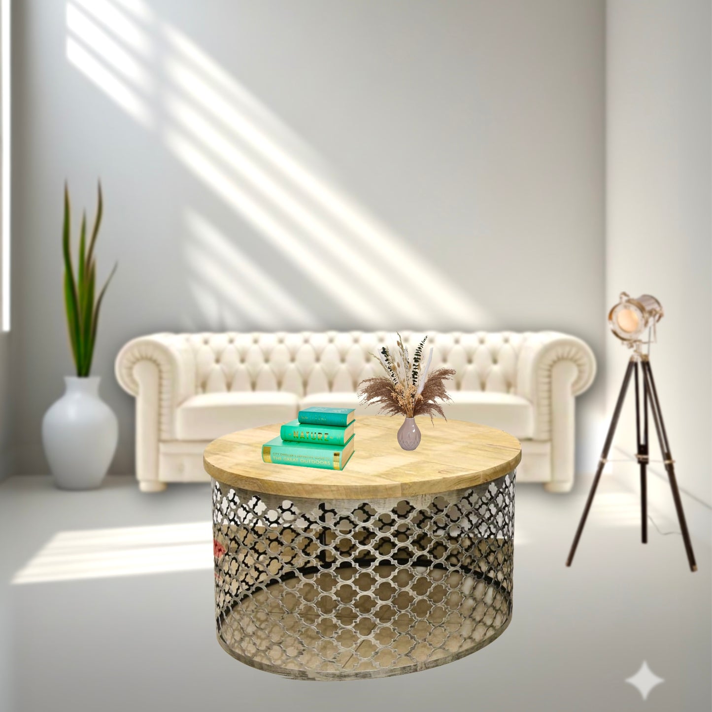 Metal wood round coffee table with natural wood top finish